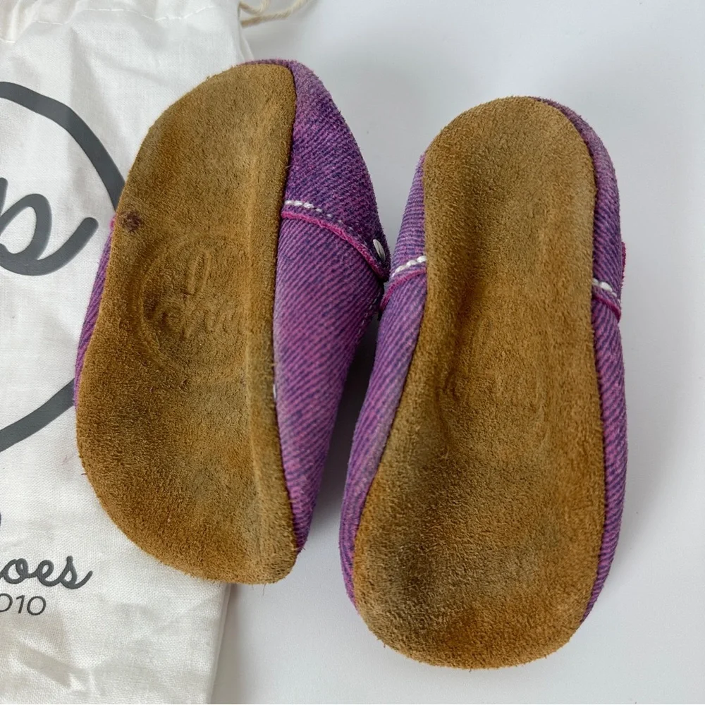 Pink Purple Denim Mon Petit Shoes Sz 5 Handmade Leather Baby Toddler MPs T-Strap